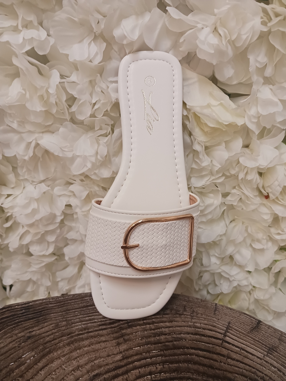 Lia White Slide Sandal with Gold Buckle